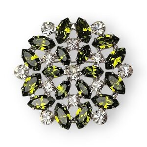 Vintage Rhinestone Flower Brooch Green White Rhodium Plated Snowflake B David